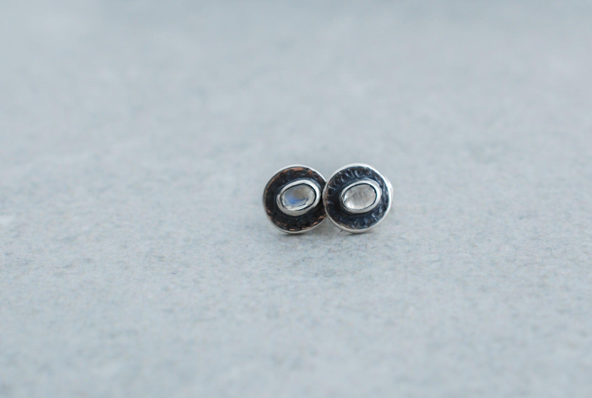 Designer jewellery. Silver stud earrings with moonstone.