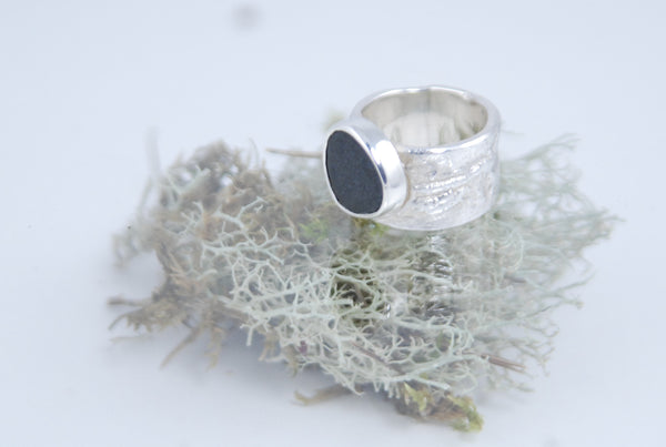 Small size wide band silver ring with raw black stone (Sold)