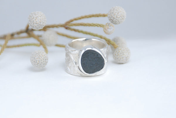 Small size wide band silver ring with raw black stone (Sold)