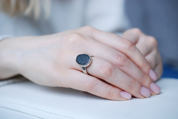 Black stone silver ring. Designer jewellery