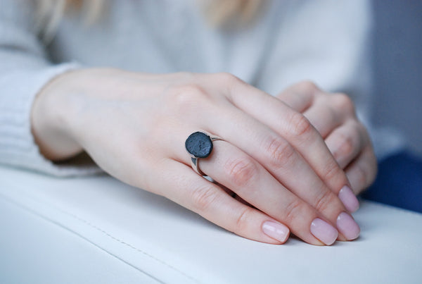 Black stone silver ring. Designer jewellery