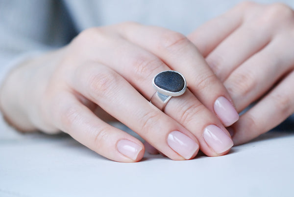 Sea jewellery. Ocean jewelry. Black stone ring.